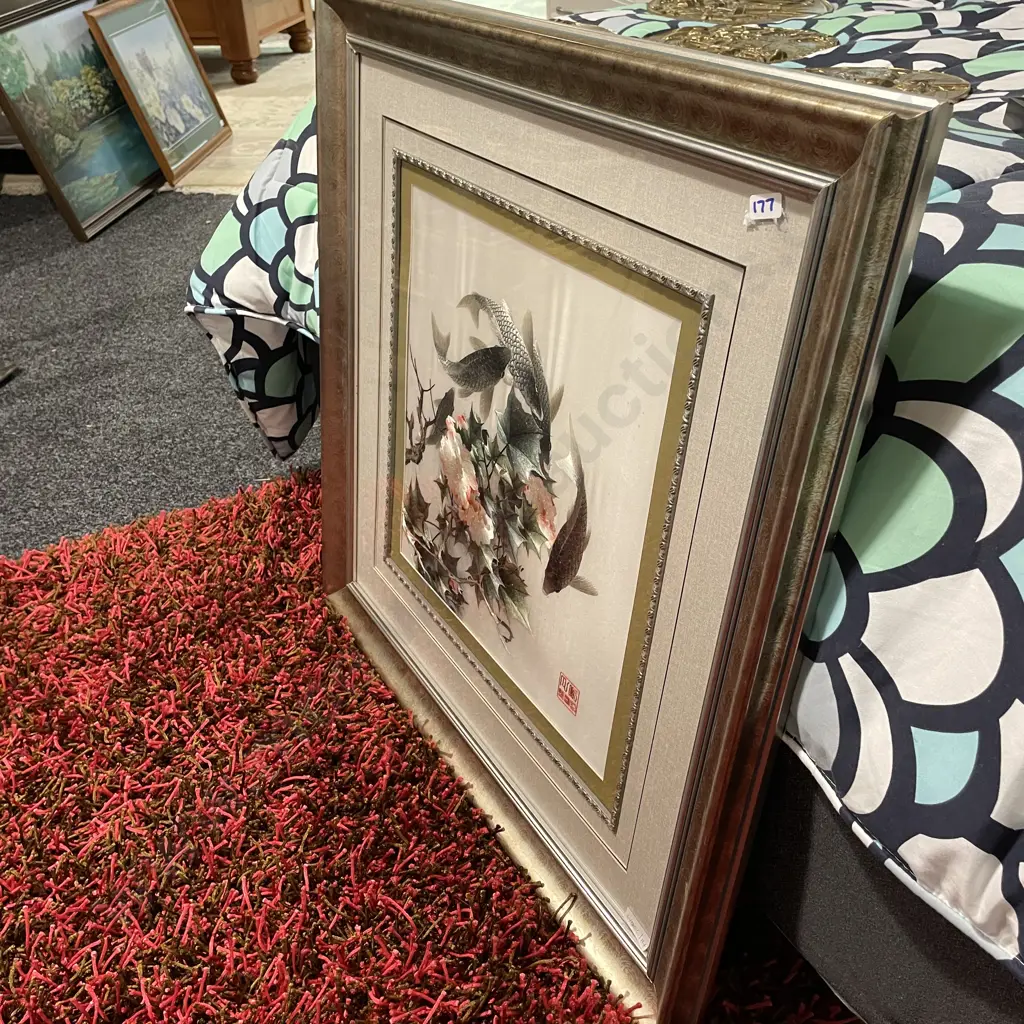 Framed Silk Artwork of flowers and Koi fish. Metallic accents. Silver framed. 70 x 70cm including frame. Image 1++