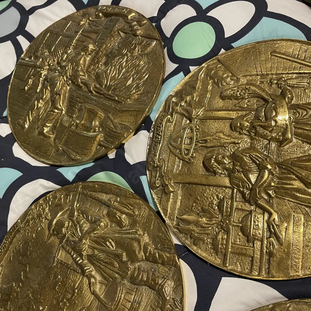 Set of 5 Vintage Solid Brass Wall Hung Plaques. Relief moulded decoration of early "trades". Very heavy. Dia23cm Image 1++