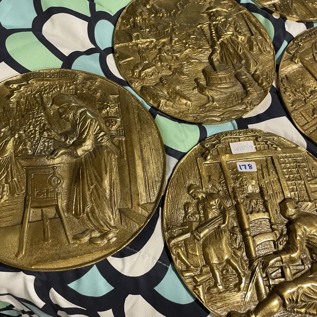 Set of 5 Vintage Solid Brass Wall Hung Plaques. Relief moulded decoration of early "trades". Very heavy. Dia23cm Image 1++
