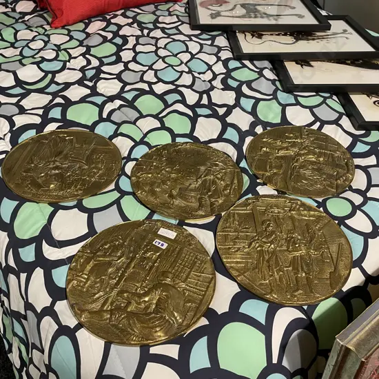 Set of 5 Vintage Solid Brass Wall Hung Plaques. Relief moulded decoration of early "trades". Very heavy. Dia23cm
