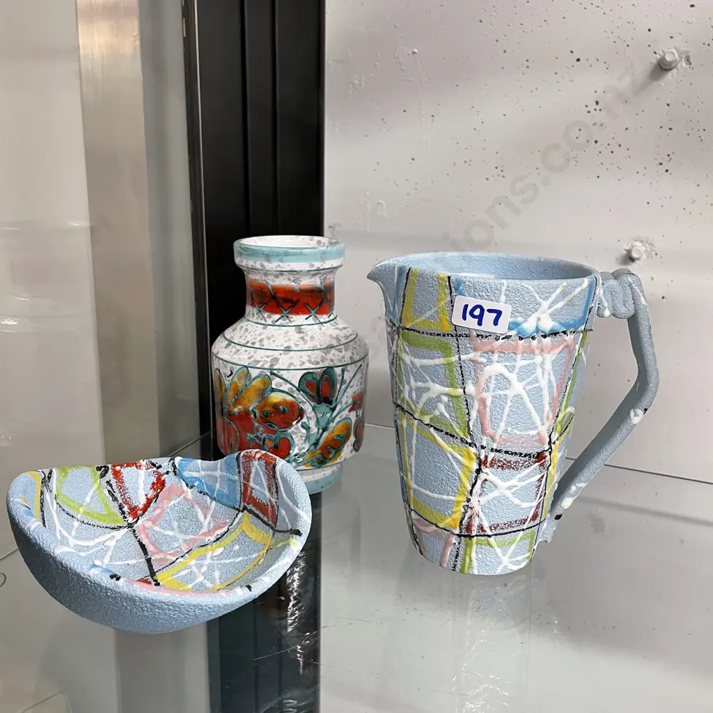 Italian Handpainted and rough cast pottery Jug and Bowl. Multicoloured. With Italian Handpainted vase. Image 1++