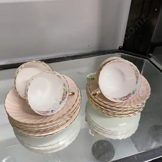 Assorted Aynsley Pink floral trios with extra saucers, plates