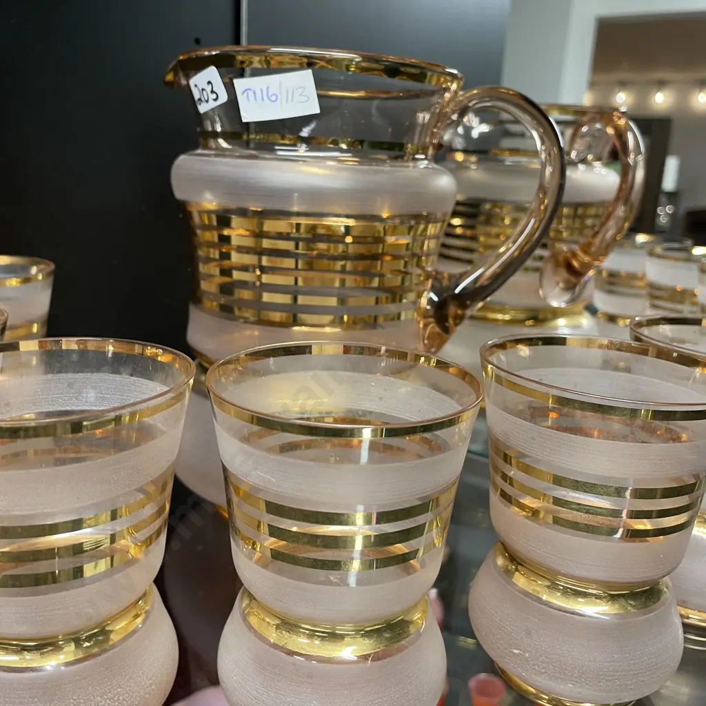 Vintage 7 piece Water Set with Pink frosted glass and gilded decoration Image 1++