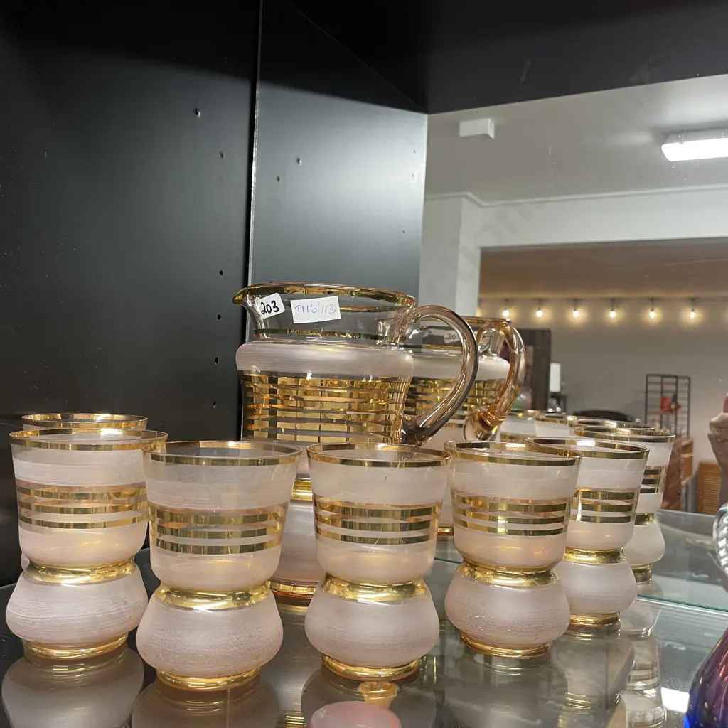 Vintage 7 piece Water Set with Pink frosted glass and gilded decoration Image 1++