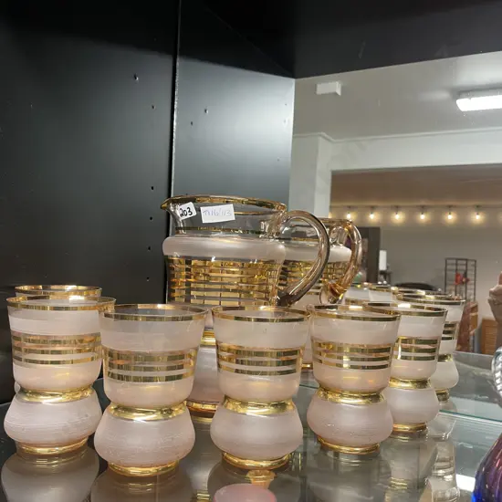 Vintage 7 piece Water Set with Pink frosted glass and gilded decoration