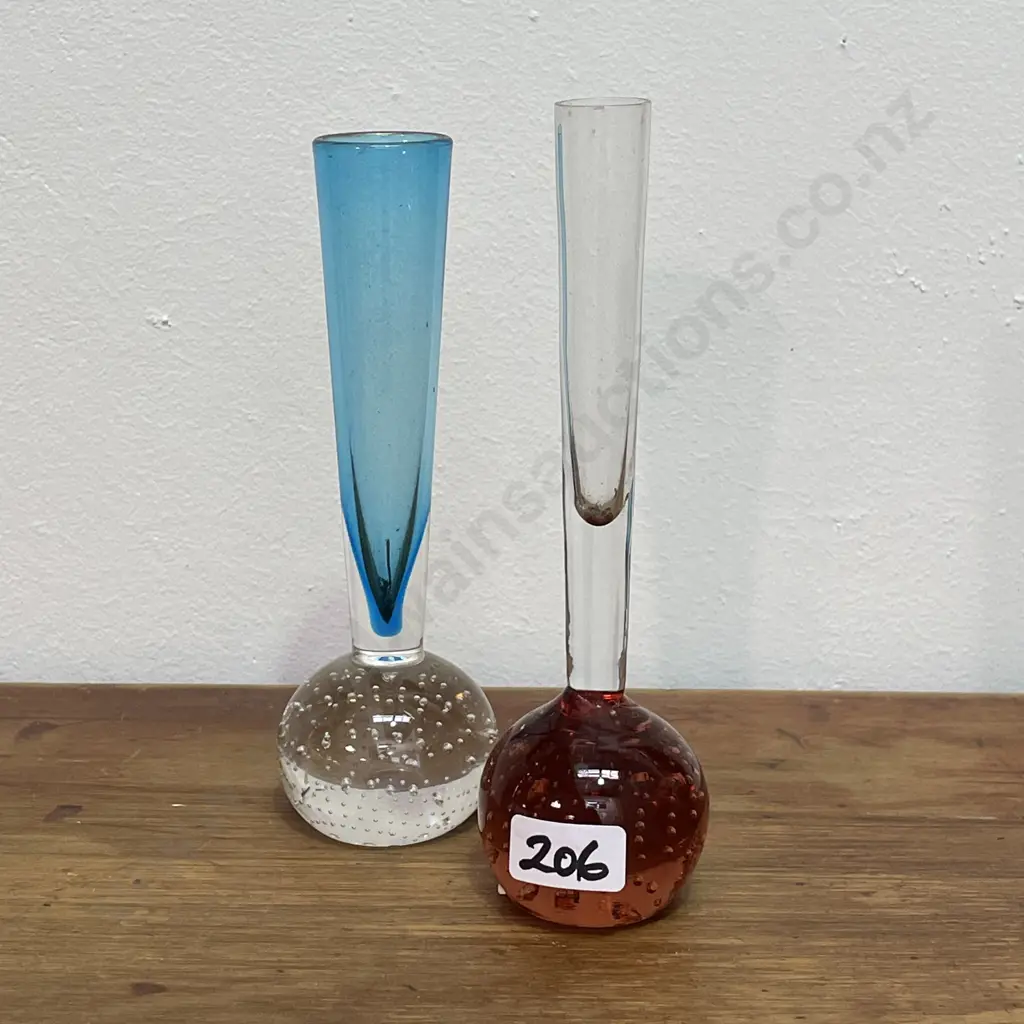 2 Art Glass Stemed Vases, Air Bubble Ball Vase Image 1++