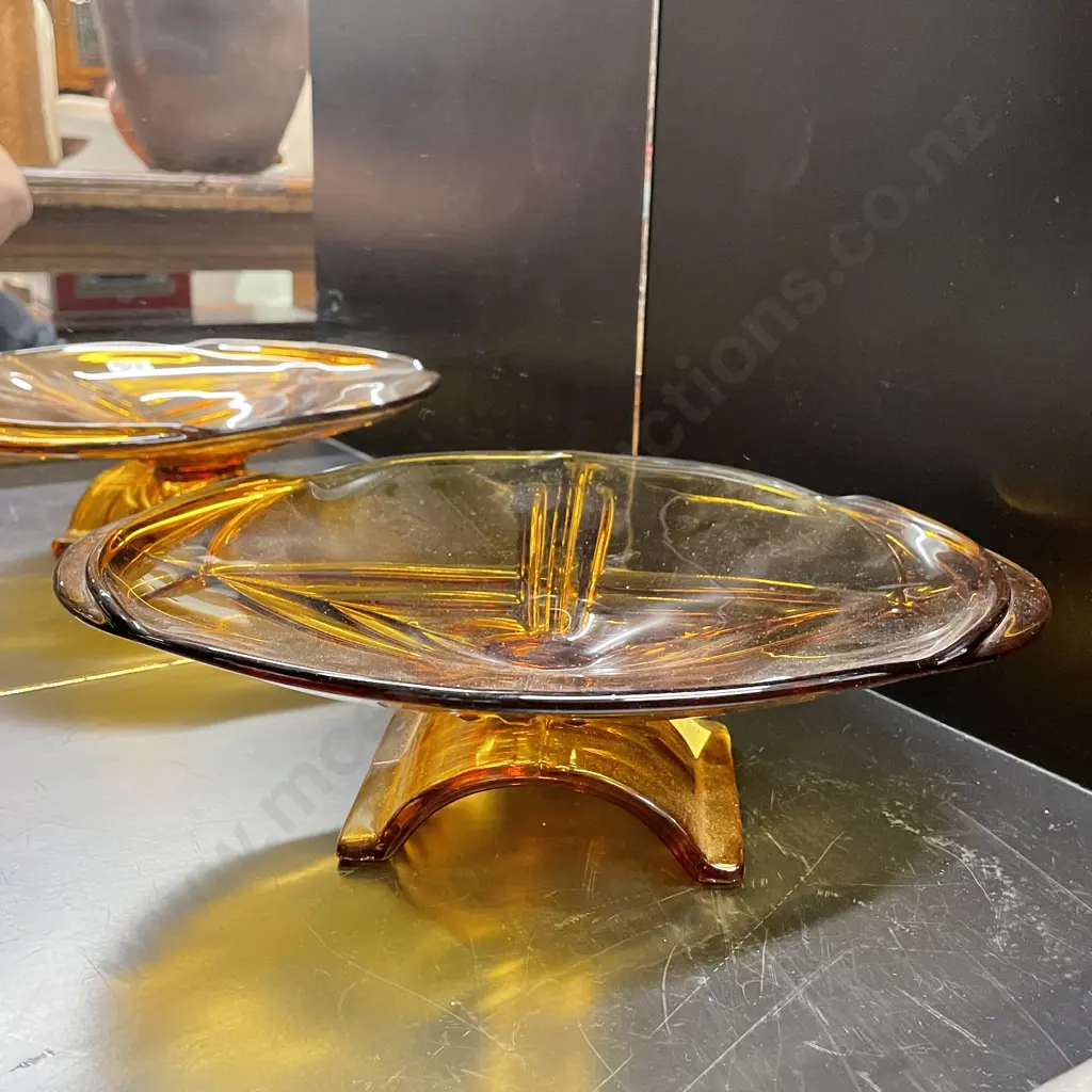 Art Deco Amber Art Glass Pedestal Platter Image 1++