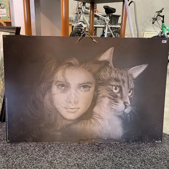Verkerke Poster on Board of GIrl with Cat, 95 x 63cm