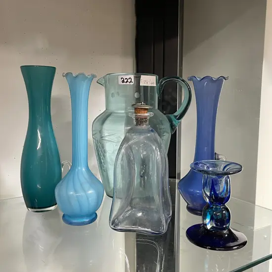Collection of Art Glass items.  Assorted variations of blue colours