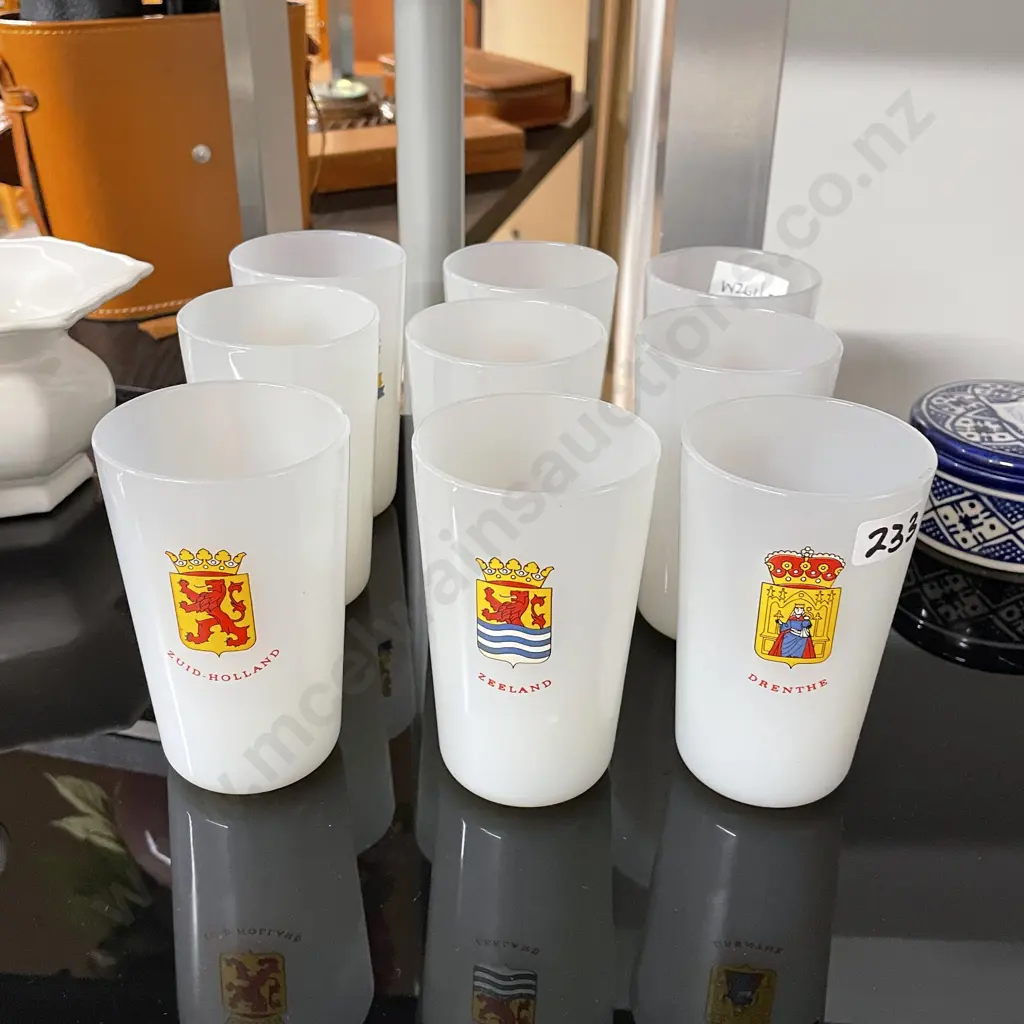 Set of 9 Milk Glass tumblers with assorted country crest decoration Image 1++