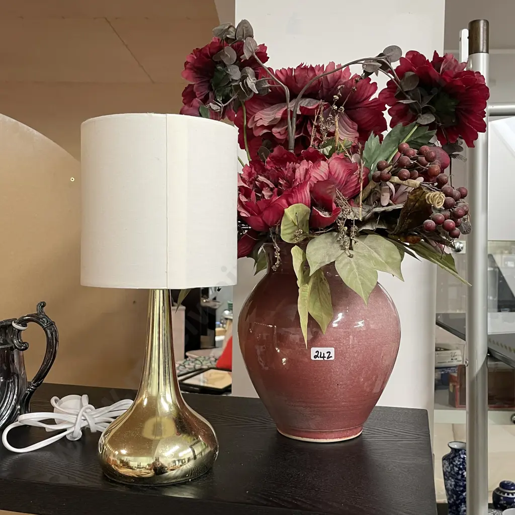 Noel Snelgrove Pottery vase with faux flowers with gold table lamp Image 1++