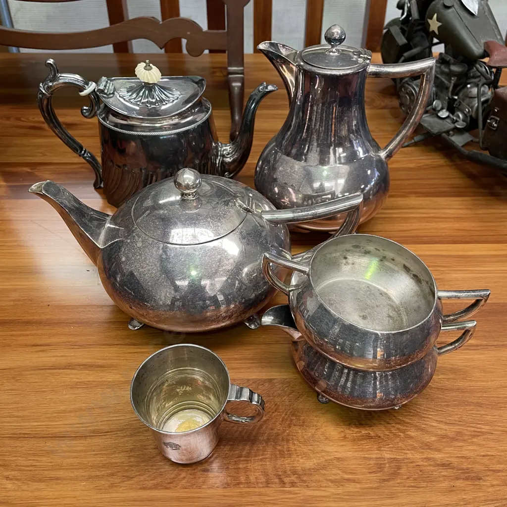 4 Piece Waterhouse Silver Plate Tea Service with Small Mug and T.W&S Teapot Image 1++