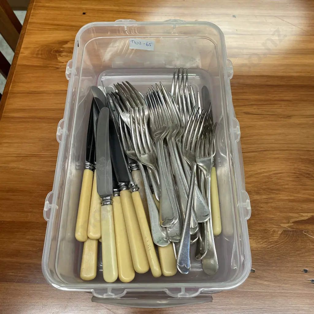 Set of Vintage Bone Handled Knives and Silver Forks in Click Clack Container Image 1++