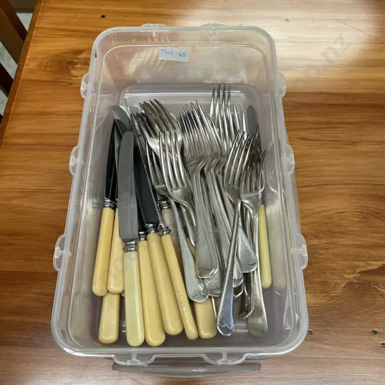 Set of Vintage Bone Handled Knives and Silver Forks in Click Clack Container