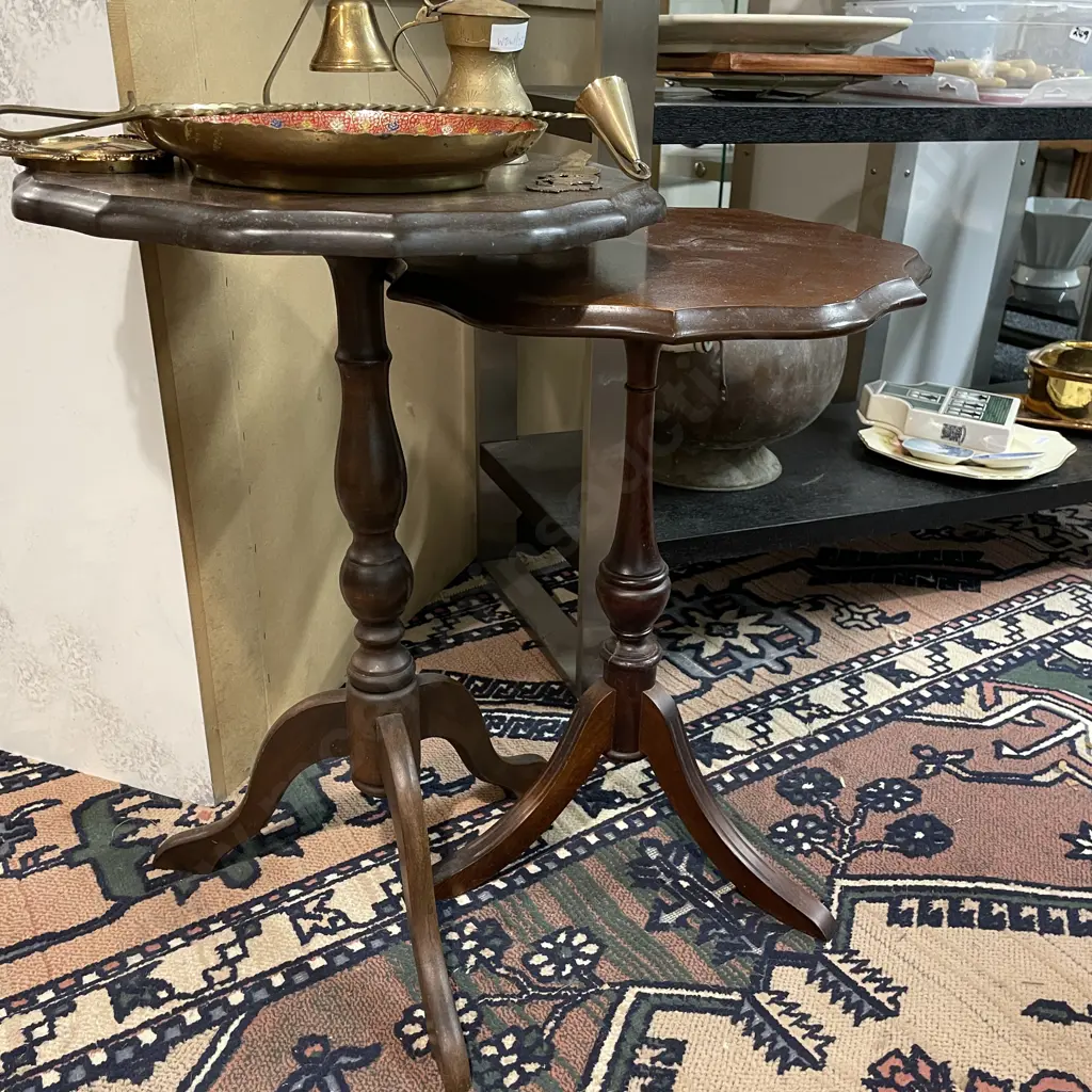 Pair of Vintage Mahogany tri footed wine tables. H57 Dia39cm and H52 Dia39cm Image 1++