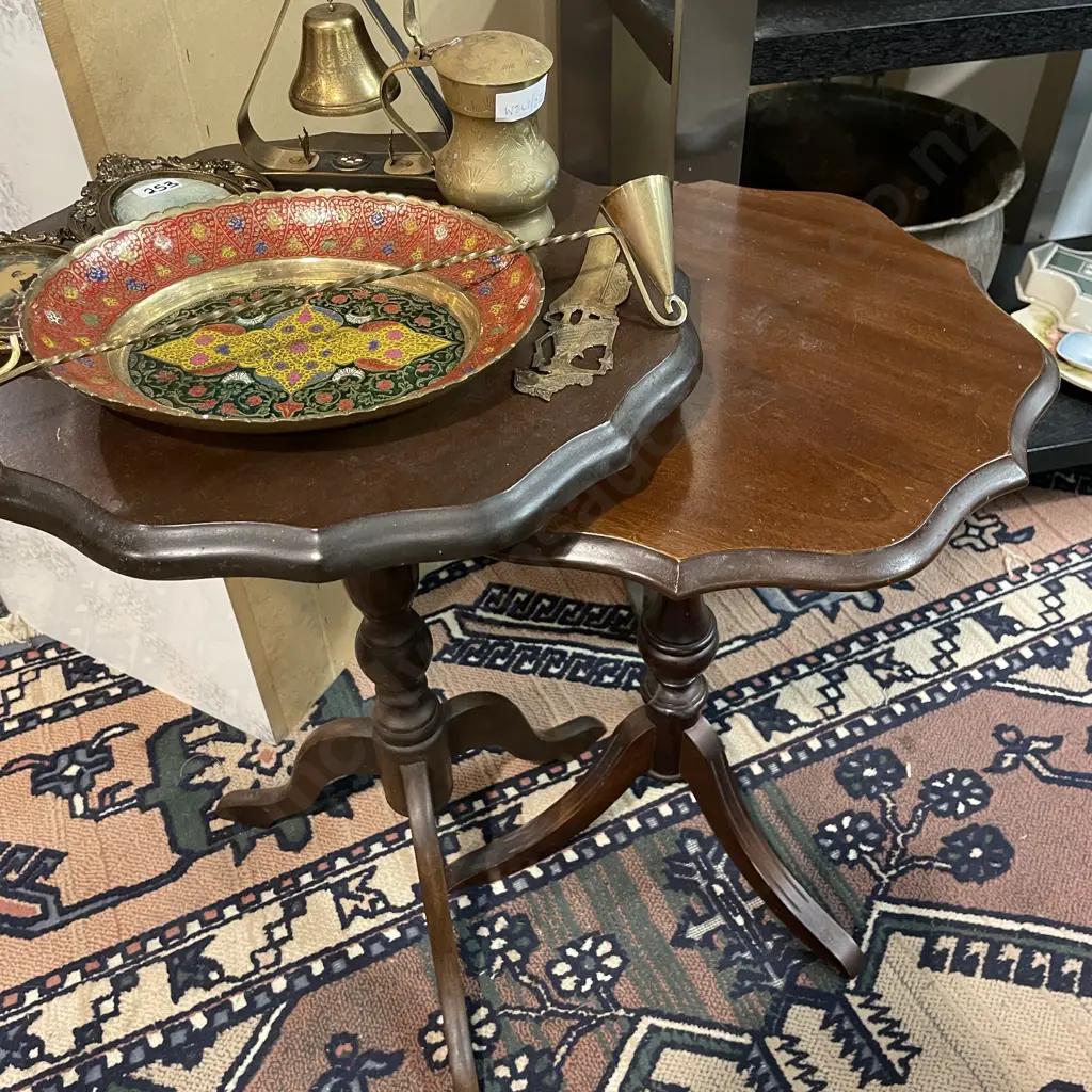 Pair of Vintage Mahogany tri footed wine tables. H57 Dia39cm and H52 Dia39cm Image 1++