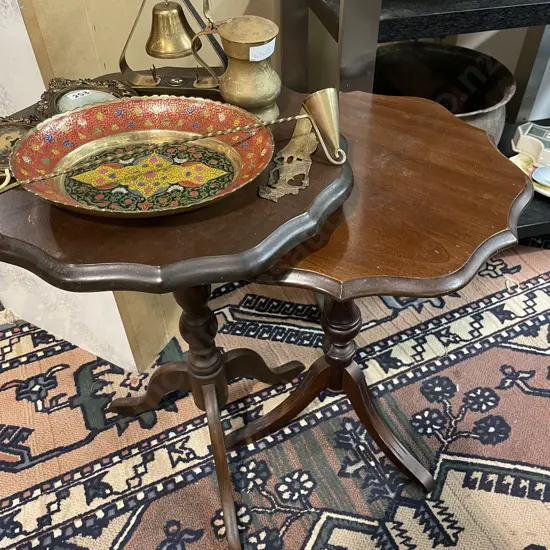 Pair of Vintage Mahogany tri footed wine tables. H57 Dia39cm and H52 Dia39cm