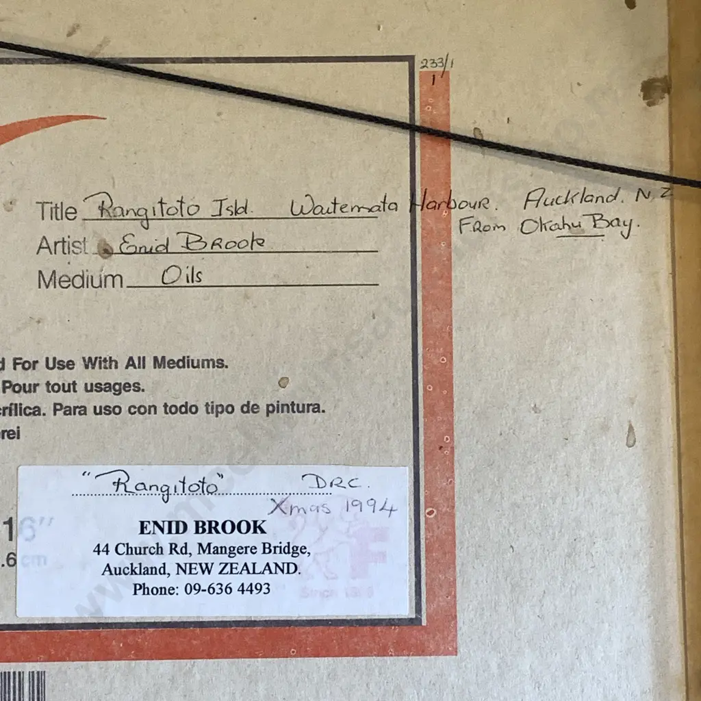 Original Oil on Board - Signed Enid Brook. Titled - Rangitoto Isld. Waitemata Harbour Auckland NZ, from Okahu Bay Image 1++