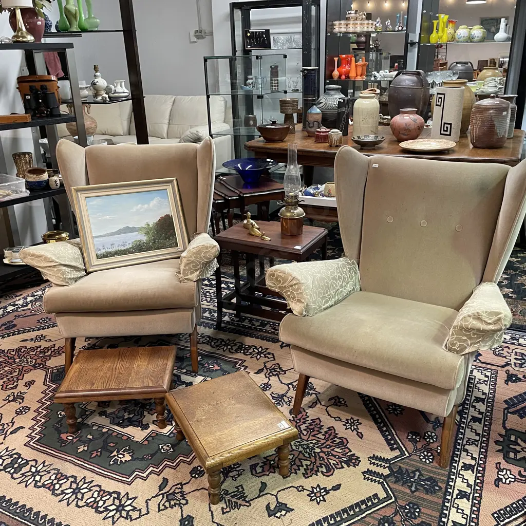 Cool Pair of Mid Century Wingback Armchairs. Solid wood frame with oatmeal/grey plush fabric. Button Back, sprung base  Image 1++