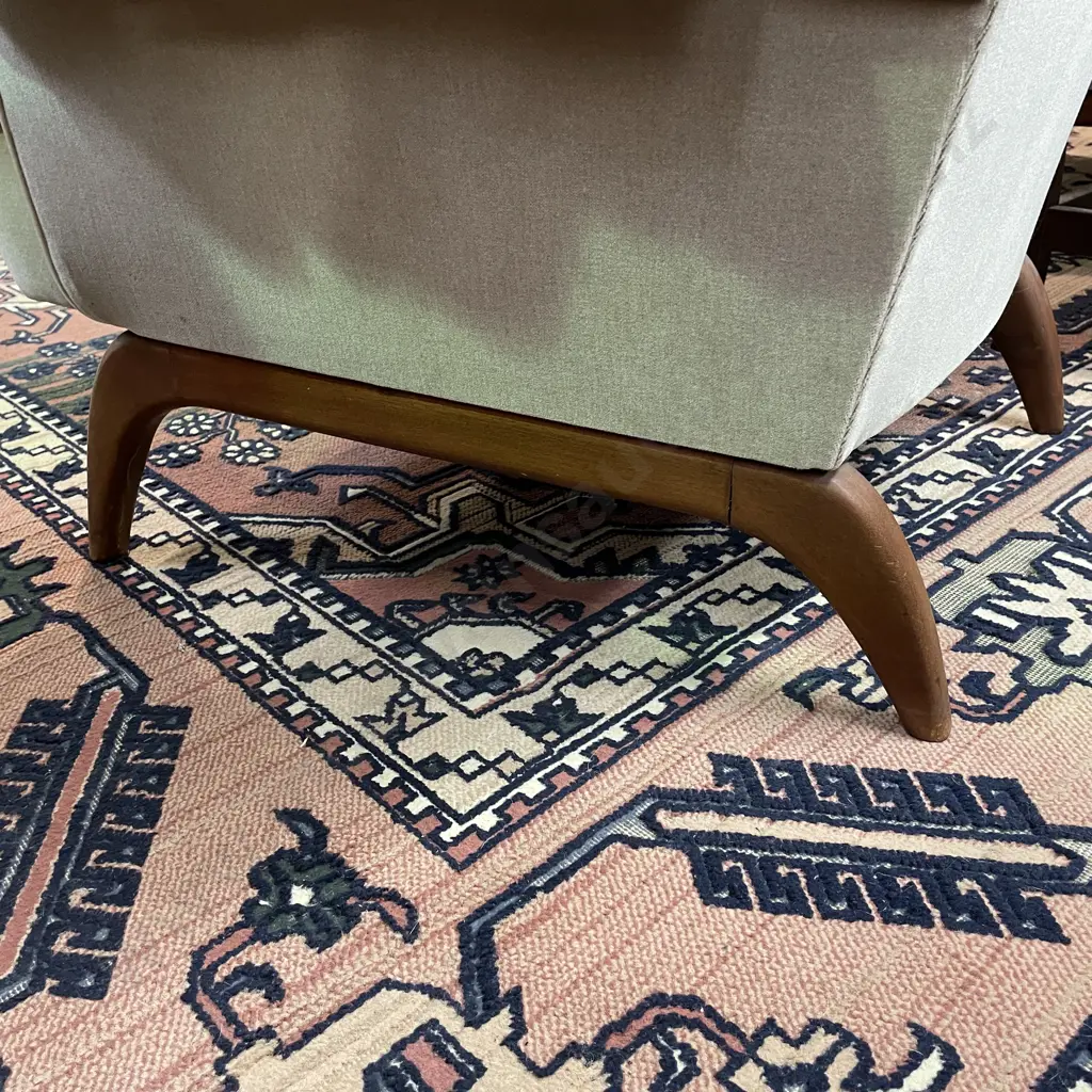 Cool Pair of Mid Century Wingback Armchairs. Solid wood frame with oatmeal/grey plush fabric. Button Back, sprung base  Image 1++