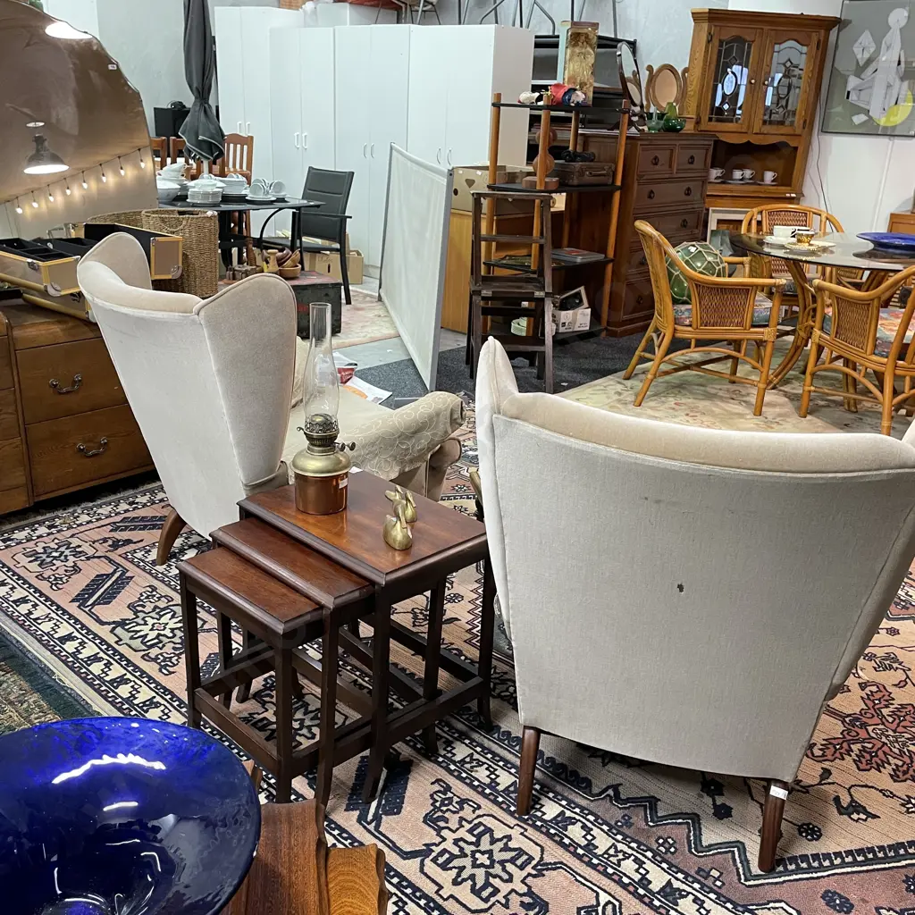 Cool Pair of Mid Century Wingback Armchairs. Solid wood frame with oatmeal/grey plush fabric. Button Back, sprung base  Image 1++
