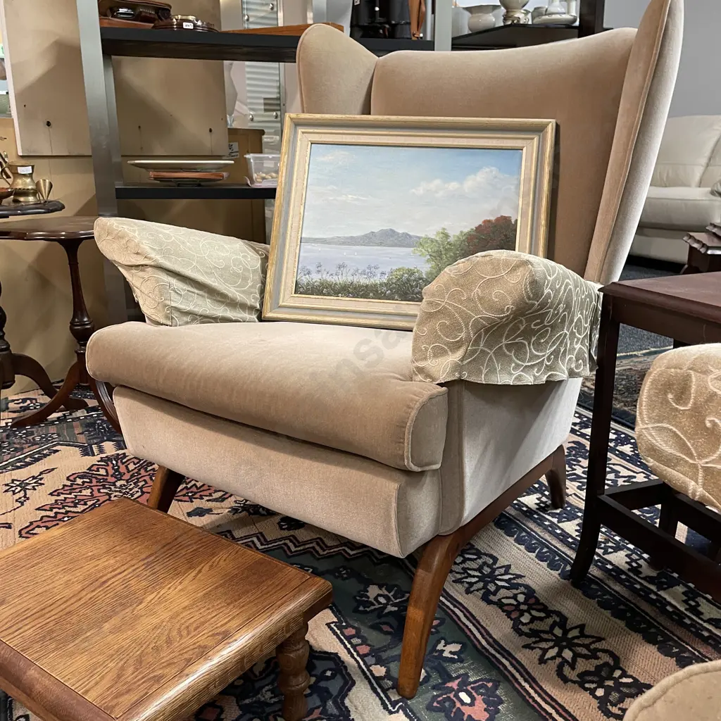 Cool Pair of Mid Century Wingback Armchairs. Solid wood frame with oatmeal/grey plush fabric. Button Back, sprung base  Image 1++