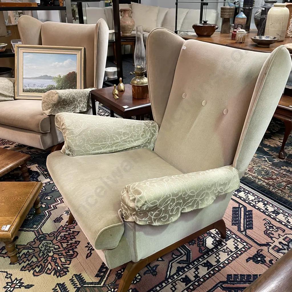 Cool Pair of Mid Century Wingback Armchairs. Solid wood frame with oatmeal/grey plush fabric. Button Back, sprung base  Image 1++