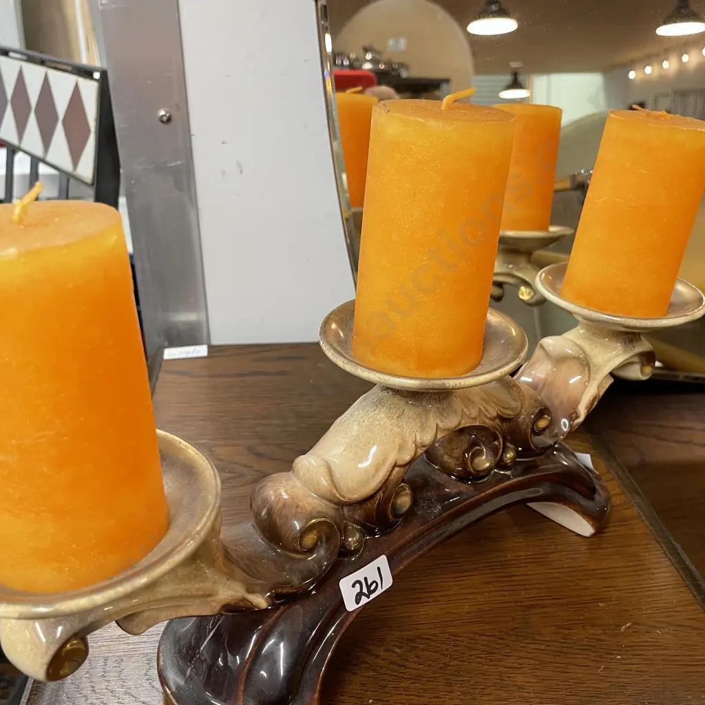 Ceramic Candelabra with 3 orange candles. L36 H13cm without candles Image 1++