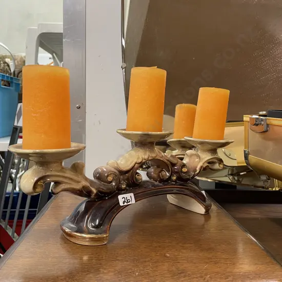 Ceramic Candelabra with 3 orange candles. L36 H13cm without candles