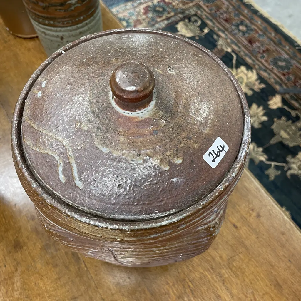 Large Lidded Pottery Crock. Impressed signature as shown. H32cm Image 1++
