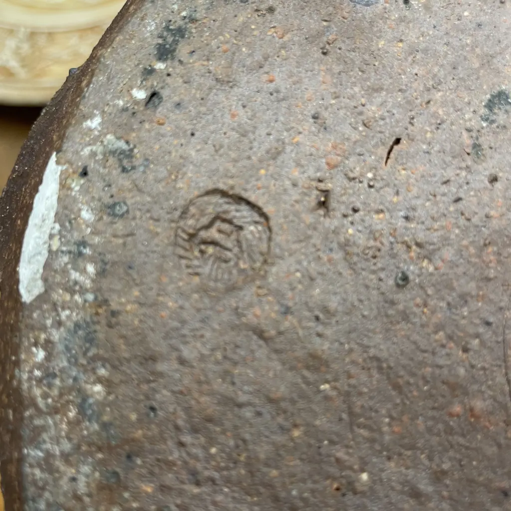 Large Lidded Pottery Crock. Impressed signature as shown. H32cm Image 1++