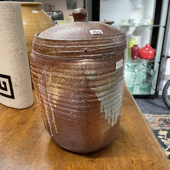 Large Lidded Pottery Crock. Impressed signature as shown. H32cm