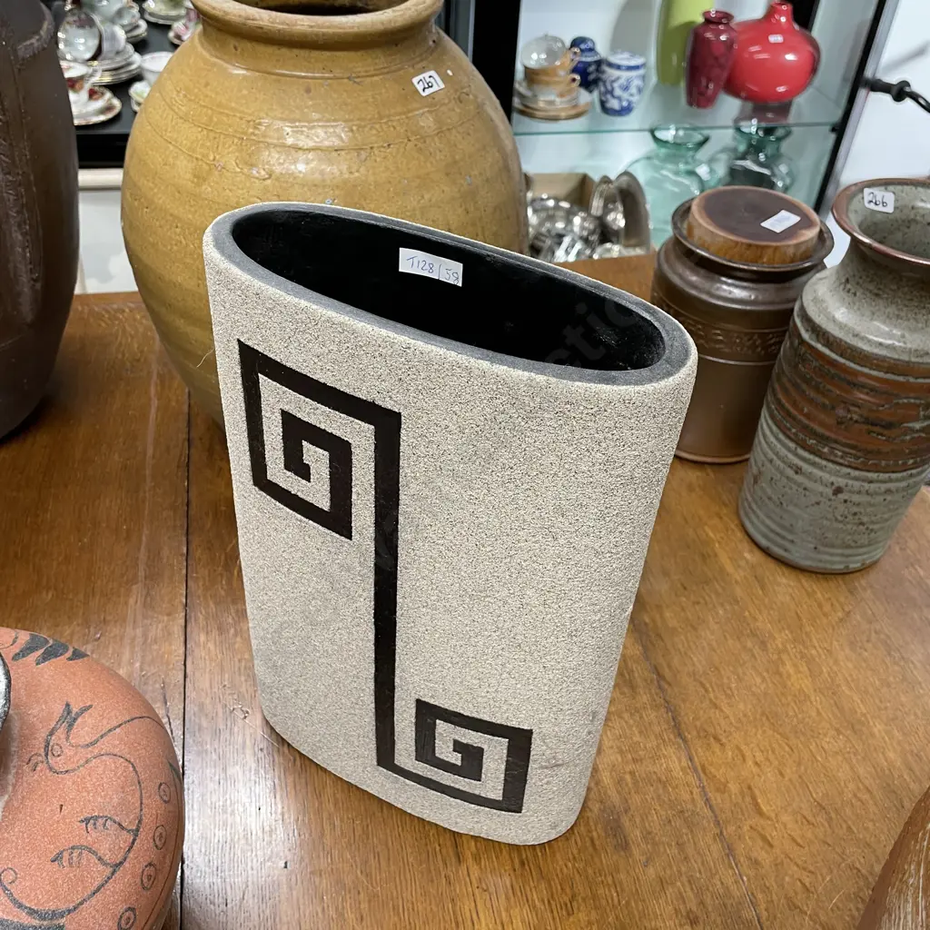 Large Pottery Vase. Textured relief rough sand base with incised black key hole pattern. H35cm Image 1++