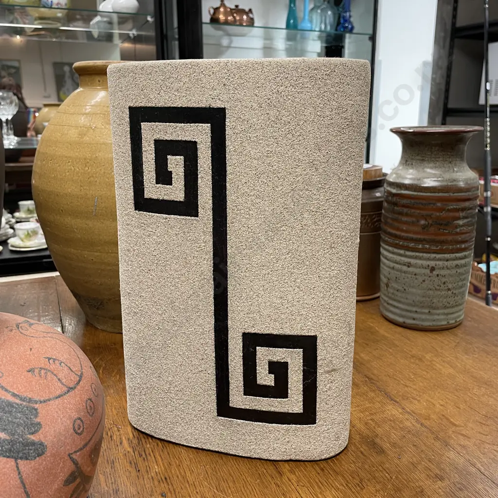 Large Pottery Vase. Textured relief rough sand base with incised black key hole pattern. H35cm Image 1++