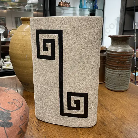 Large Pottery Vase. Textured relief rough sand base with incised black key hole pattern. H35cm