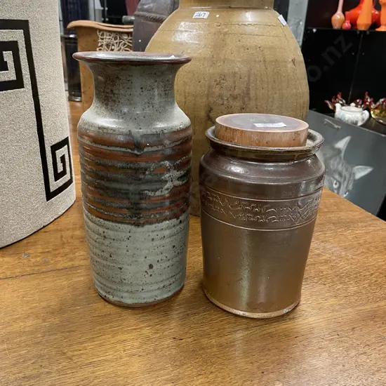 Two NZ Pottery items.  Lidded Jar H22cm. Vase H28cm