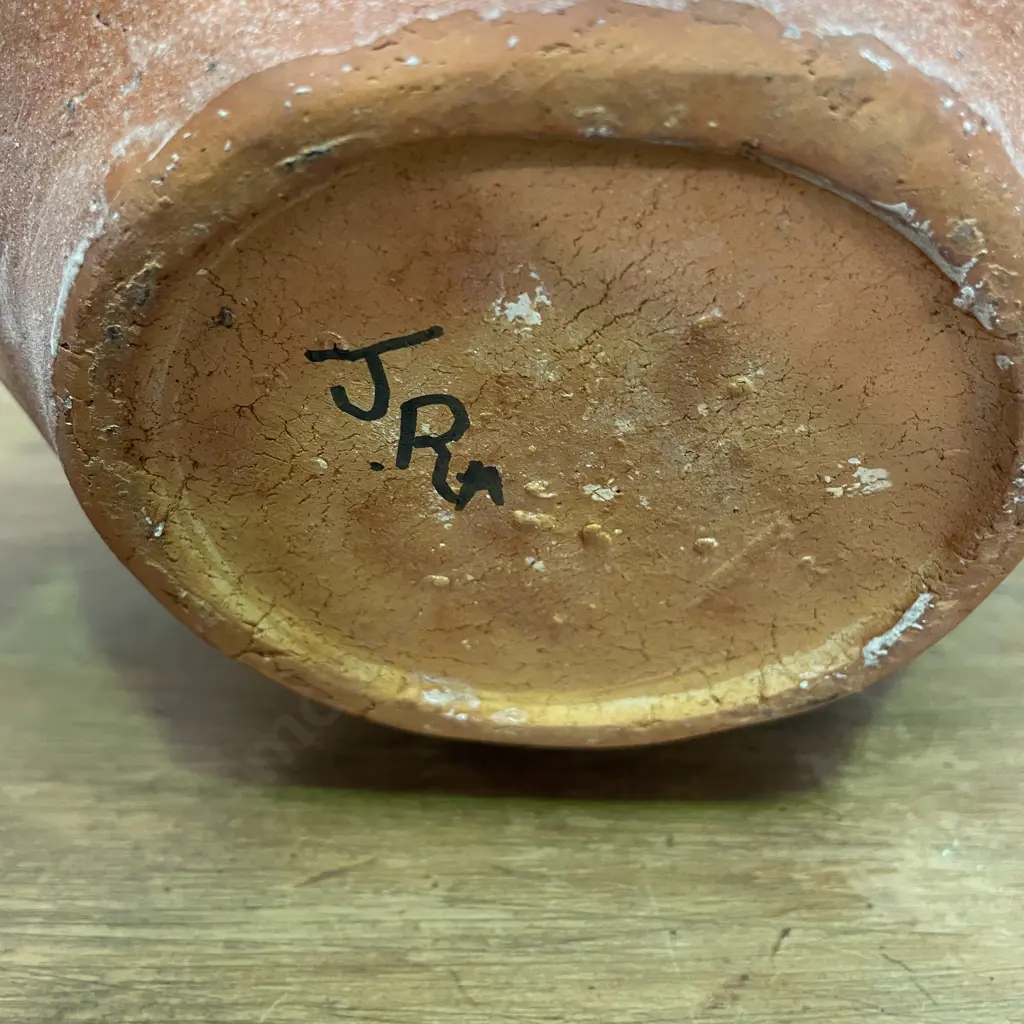 NZ Pottery Ovoid Vase with Stylised Bird Decoration on terracotta ground. Signed JR? Perhaps Roy Cowan. H22cm Image 1++