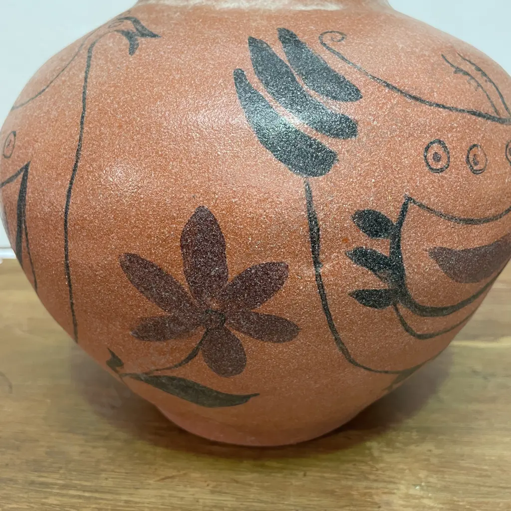 NZ Pottery Ovoid Vase with Stylised Bird Decoration on terracotta ground. Signed JR? Perhaps Roy Cowan. H22cm Image 1++