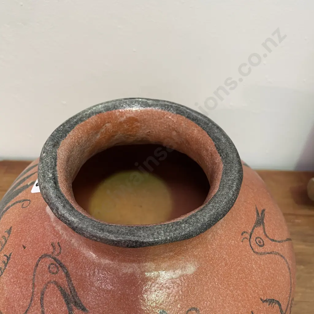 NZ Pottery Ovoid Vase with Stylised Bird Decoration on terracotta ground. Signed JR? Perhaps Roy Cowan. H22cm Image 1++