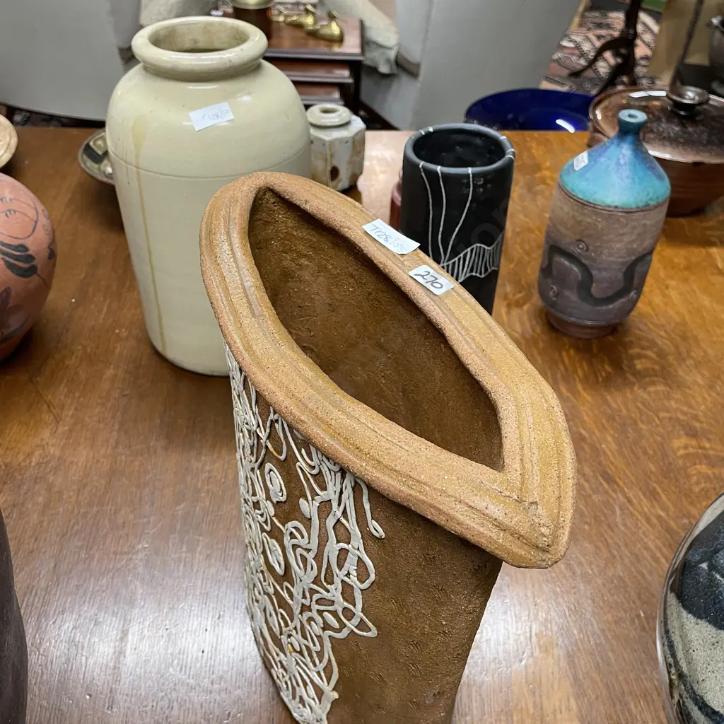 Large Slender Top Hat shaped Vase with applied decoation. H31cm. W32, D14cm. Signed J L Image 1++