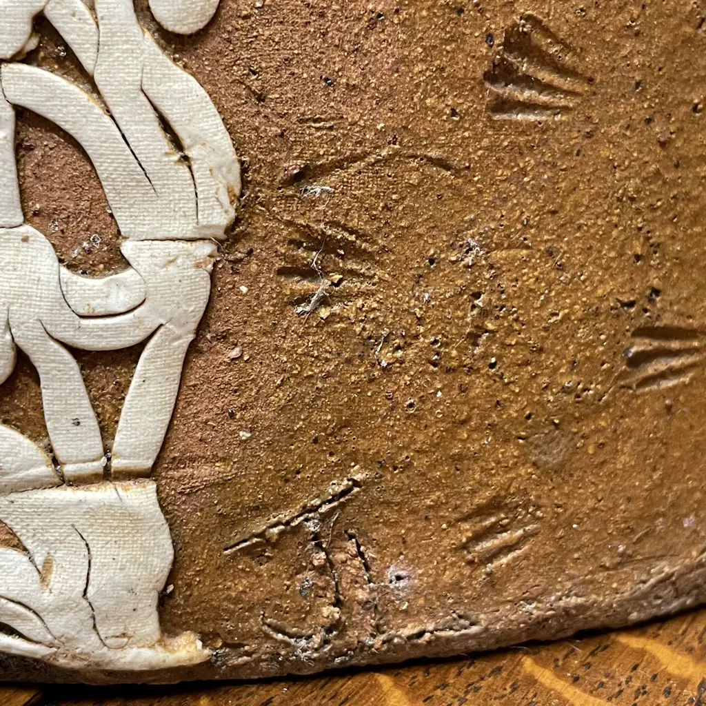 Large Slender Top Hat shaped Vase with applied decoation. H31cm. W32, D14cm. Signed J L Image 1++