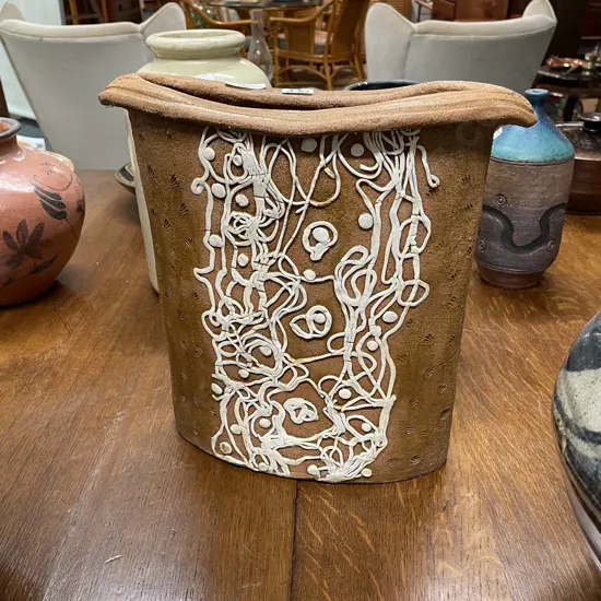 Large Slender Top Hat shaped Vase with applied decoation. H31cm. W32, D14cm. Signed J L