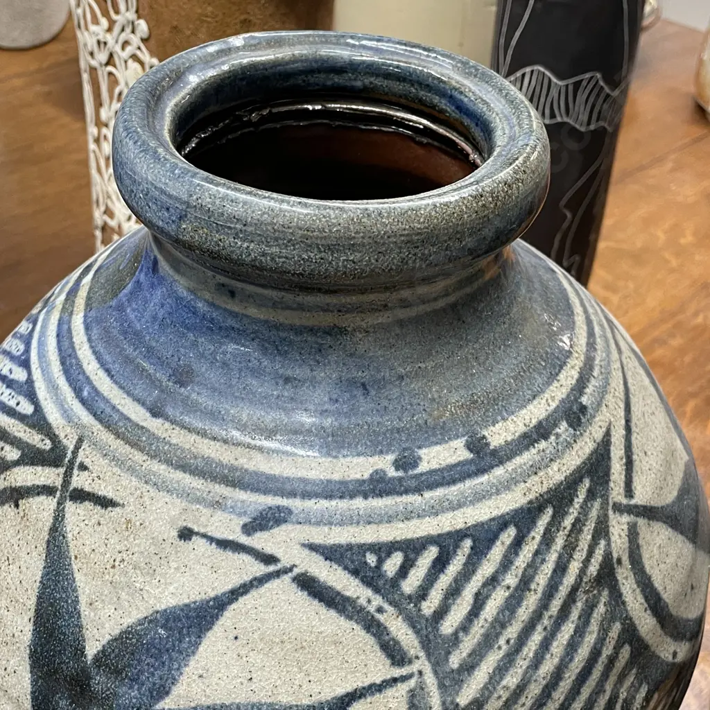 NZ Pottery Warren Tippet Large Ovoid Vase with stylised blue bird decoration. H33cm Dia 30cm Image 1++