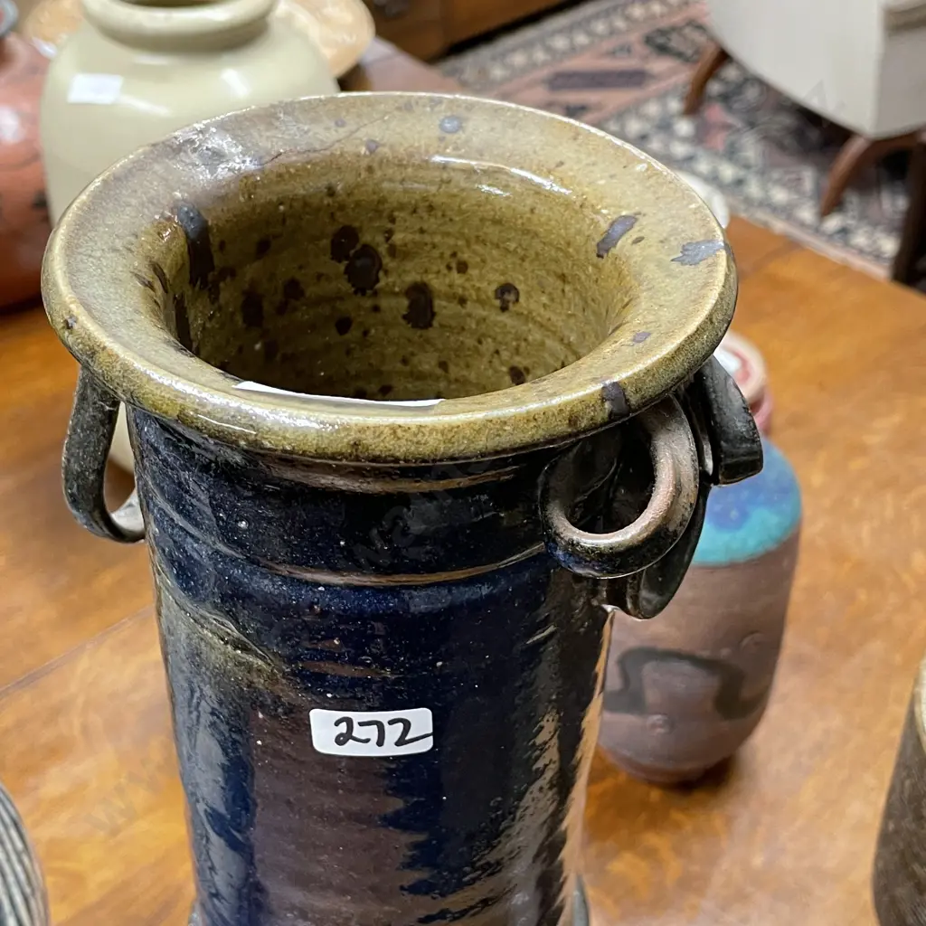 Tall NZ Pottery Cylindrical Vase. Glazed with two ribbon handles (1af). H47cm Image 1++