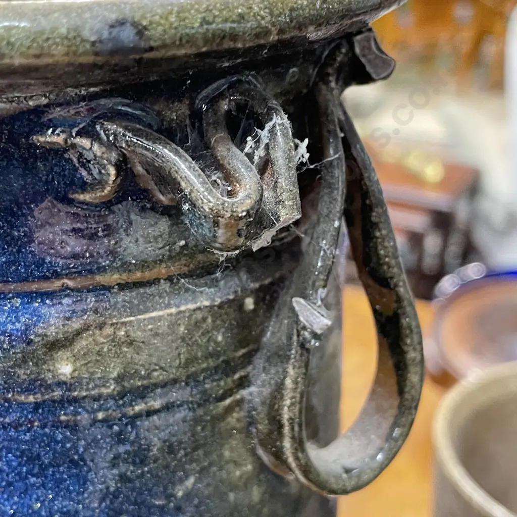 Tall NZ Pottery Cylindrical Vase. Glazed with two ribbon handles (1af). H47cm Image 1++