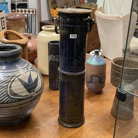 Tall NZ Pottery Cylindrical Vase. Glazed with two ribbon handles (1af). H47cm