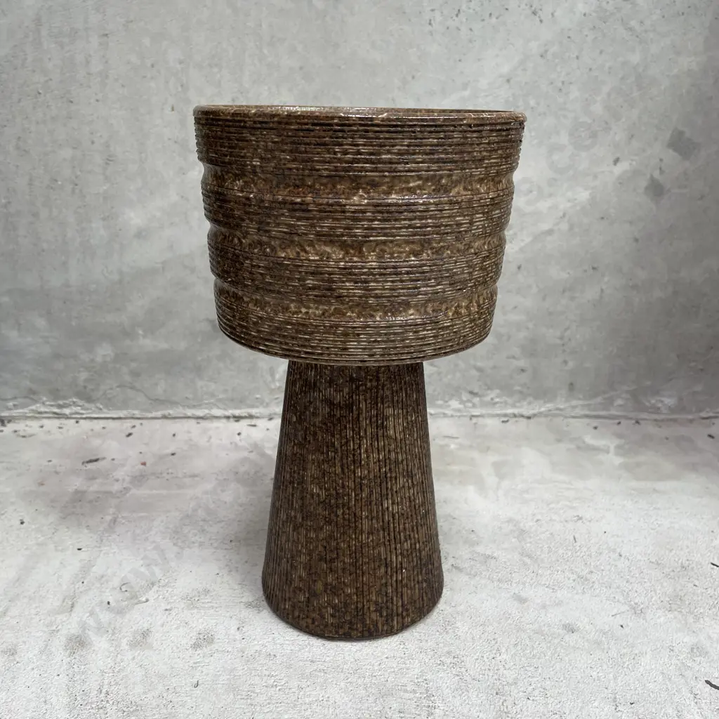 Mid Century Studio Pottery Chalice Vase with rough cast ribbed decoration. H26cm Image 1++
