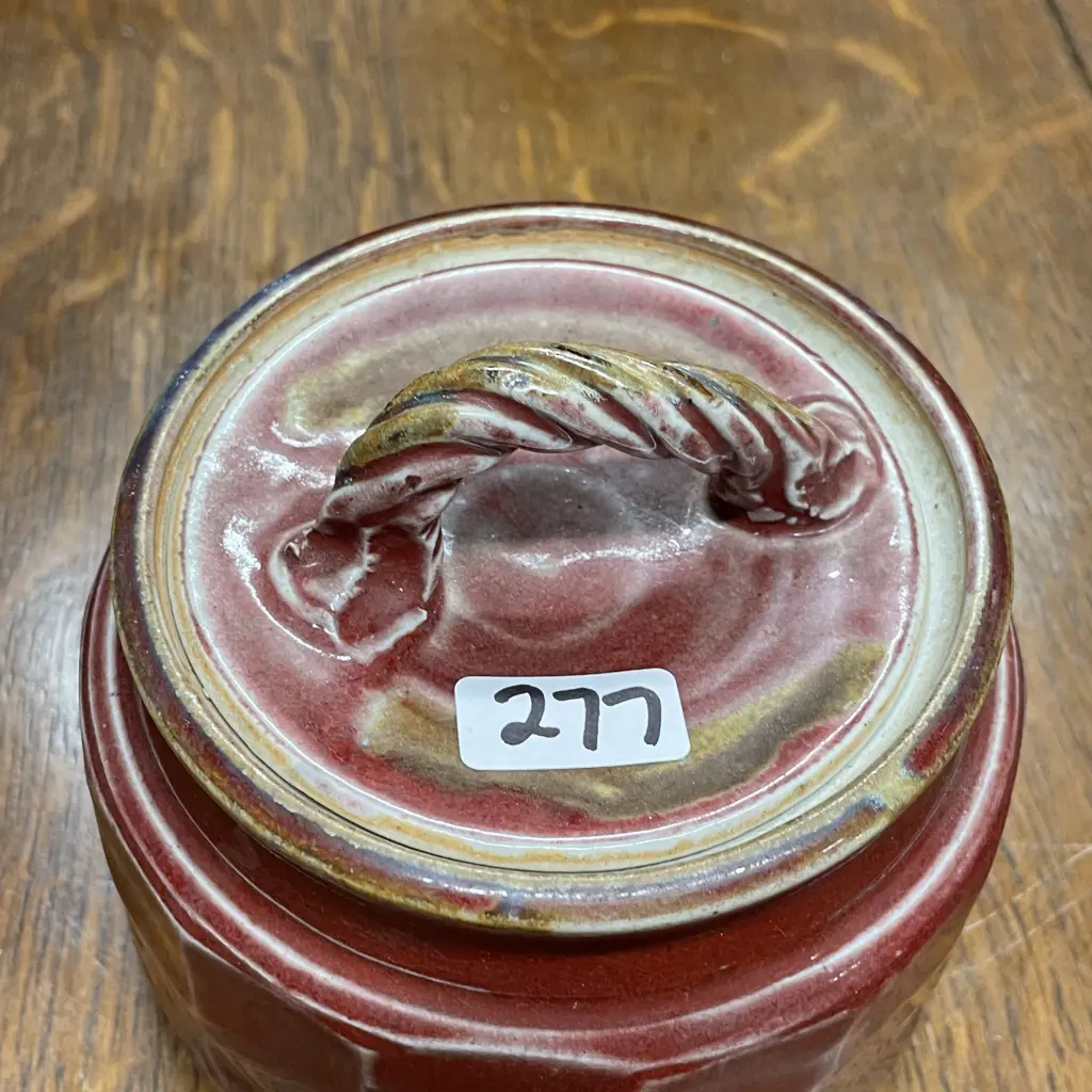 NZ Hand potted lidded cannister. Signed. Perhaps Jenny Shearer. H11cm Dia12cm Image 1++