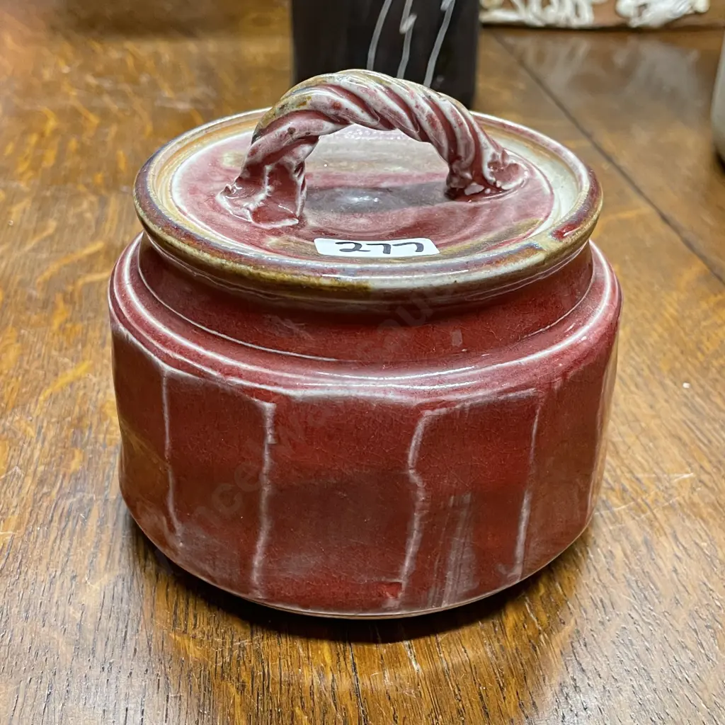 NZ Hand potted lidded cannister. Signed. Perhaps Jenny Shearer. H11cm Dia12cm Image 1++