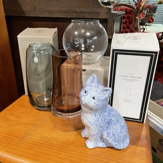 Boxed As new Danish Glass Vases x 3 with ceramic blue and white cat